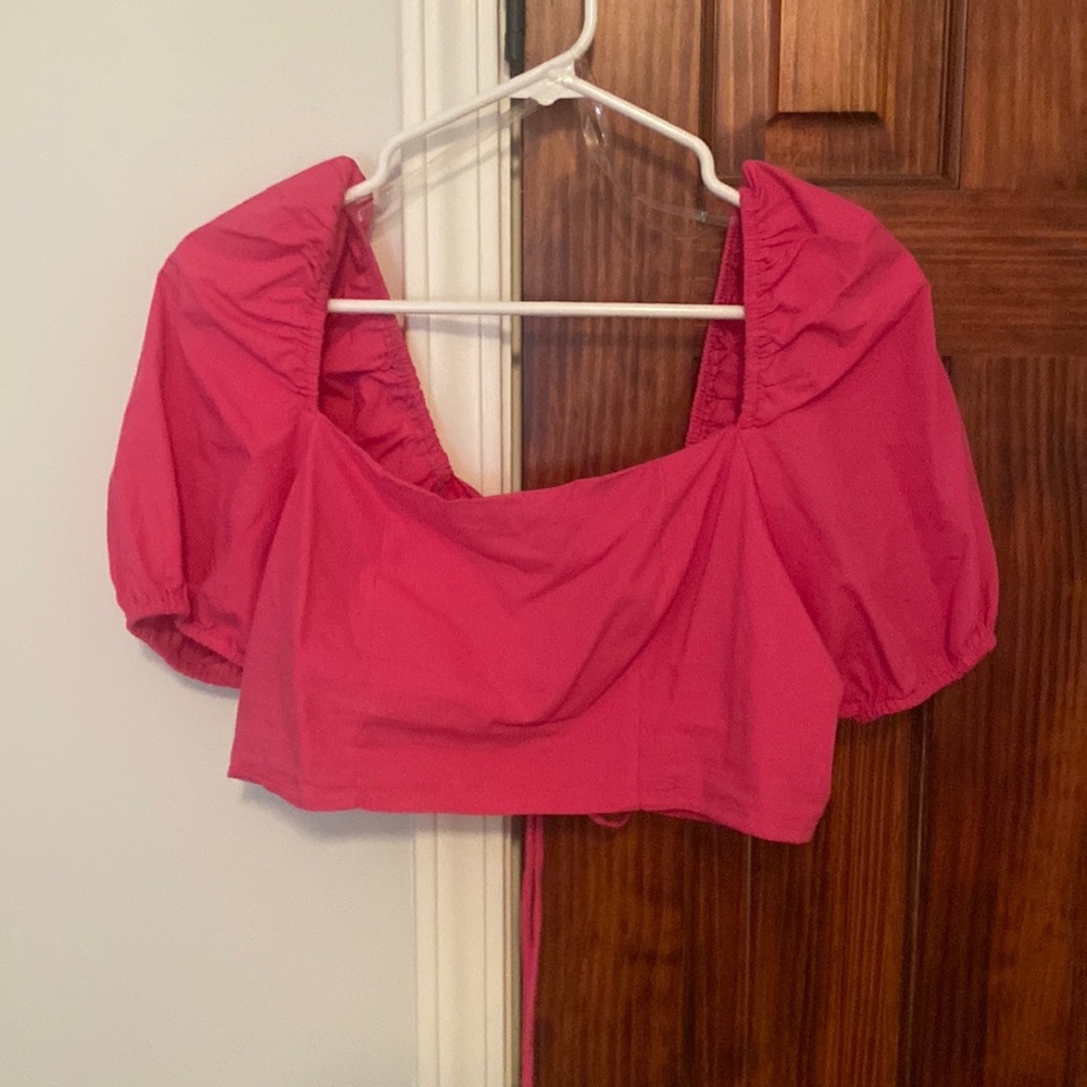 Pink puff sleeves with tie back crop